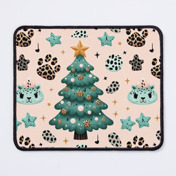 Item preview, Chibi Cartoon Illustration Turquois Aqua Blues Greens Gold Leopard Print Christmas Tree leopard Canvas Wall Art Pattern designed and sold by CoffeeIsATrip.