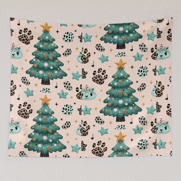 Item preview, Chibi Cartoon Illustration Turquois Aqua Blues Greens Gold Leopard Print Christmas Tree leopard Canvas Wall Art Pattern designed and sold by CoffeeIsATrip.