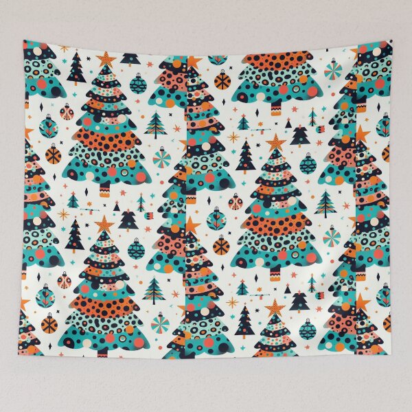 Item preview, Chibi Cartoon Illustration Turquois Aqua Blues Greens Gold Leopard Print Christmas Tree leopard Canvas Wall Art Pattern designed and sold by CoffeeIsATrip.
