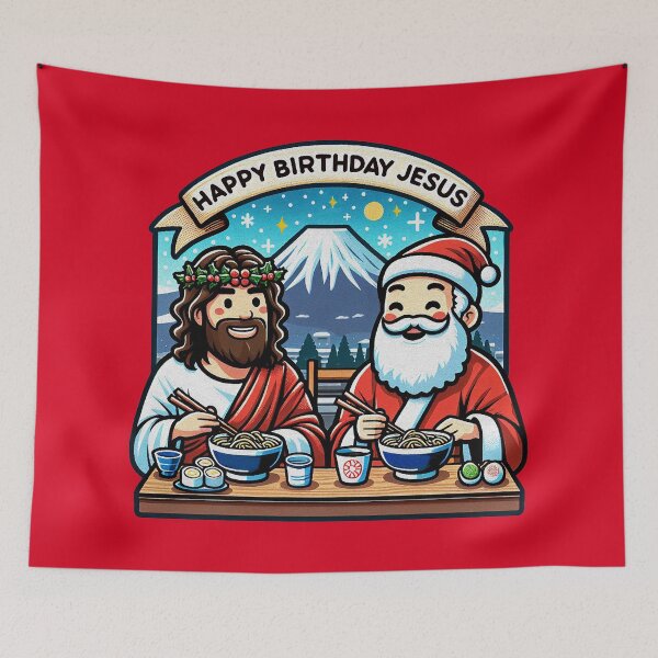 Item preview, Happy Birthday Jesus Santa Claus Ramen Sushi Matcha Mount Fuji White Christmas designed and sold by plushism.
