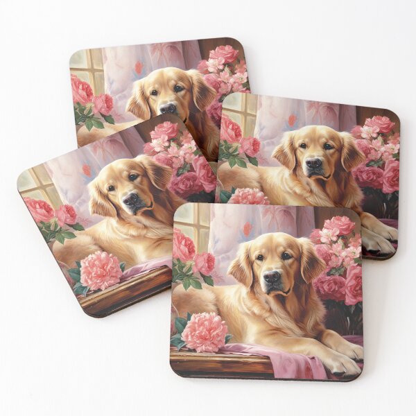Item preview, Golden Retriever in pink roses designed and sold by retriever-dogs.