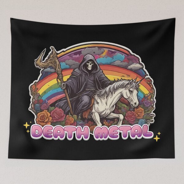 Item preview, Death Metal Rainbow Grim Reaper Riding a Unicorn designed and sold by thecatcouch.