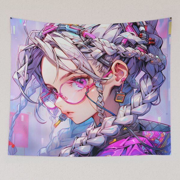 Item preview, Futuristic Pink Cyberpunk Glasses Braids Anime Girl designed and sold by bubblegoth.