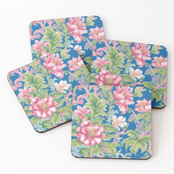 Item preview, French toile flowers on blue background designed and sold by SophieClimaArt.