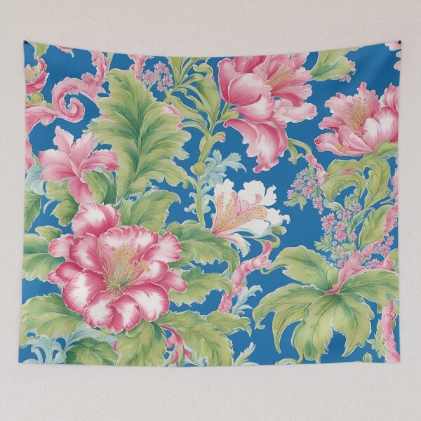 Item preview, French toile flowers on blue background designed and sold by SophieClimaArt.