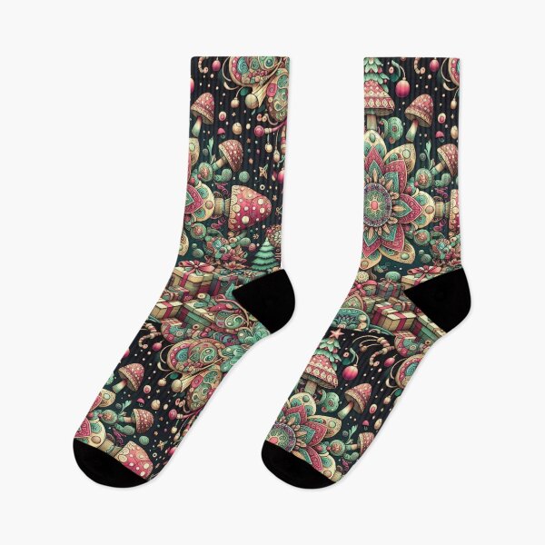Item preview, Psychedelic Lotus Mushroom Christmas psilocybin Cottagecore Mandala Xmas Scandinavian Nordic Green Pink designed and sold by CoffeeIsATrip.
