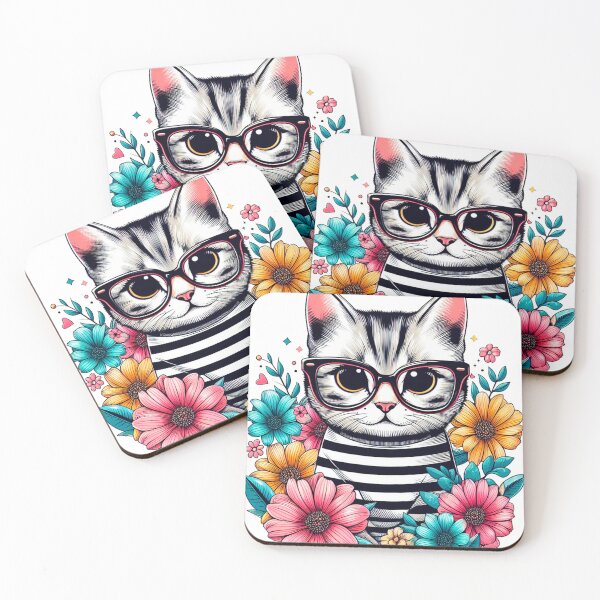 Item preview, Cute kitten in glasses and striped t-shirt with flowers designed and sold by Crisfloresarts.