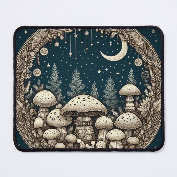 Item preview, Cottagecore Mushroom House little (green, brown, earthy) Moon Stars Christmas Trees designed and sold by CoffeeIsATrip.