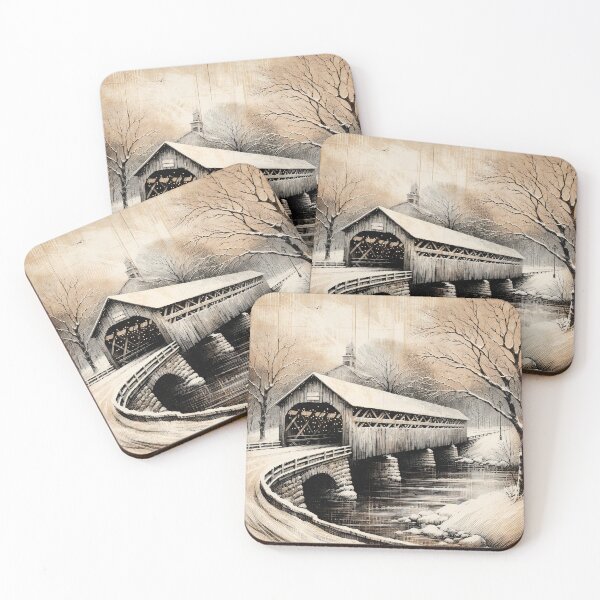 Item preview, Vintage Winterscape at Covered Bridge designed and sold by PictorialWhimsy.