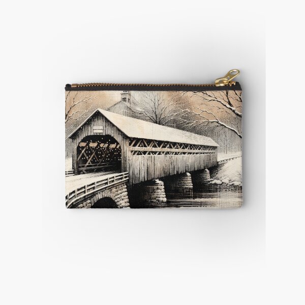 Item preview, Vintage Winterscape at Covered Bridge designed and sold by PictorialWhimsy.