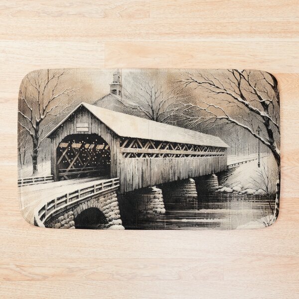 Item preview, Vintage Winterscape at Covered Bridge designed and sold by PictorialWhimsy.