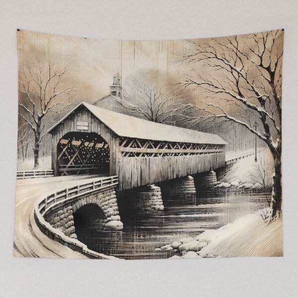 Item preview, Vintage Winterscape at Covered Bridge designed and sold by PictorialWhimsy.