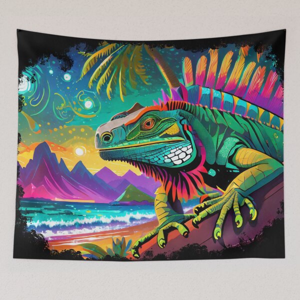 Item preview, Mexican Art Neon Iguana Night at the Beach designed and sold by ThoughtBubbleAp.
