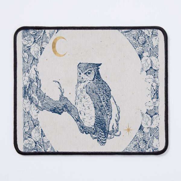 Item preview, Watercolor owl in frame of blackberries blue monochrome with gold crescent moon and stars designed and sold by Monica Laipple.