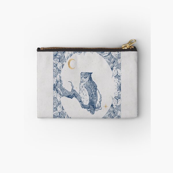 Item preview, Watercolor owl in frame  of blackberries blue monochrome with gold crescent moon and stars designed and sold by Monica Laipple.