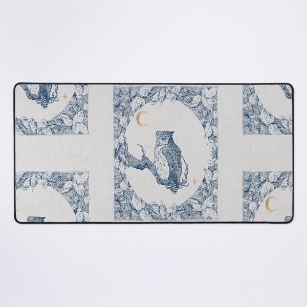 Item preview, Watercolor owl in frame of blackberries blue monochrome with gold crescent moon and stars designed and sold by Monica Laipple.