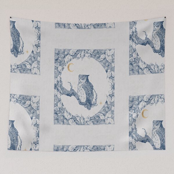 Item preview, Watercolor owl in frame  of blackberries blue monochrome with gold crescent moon and stars designed and sold by Monica Laipple.
