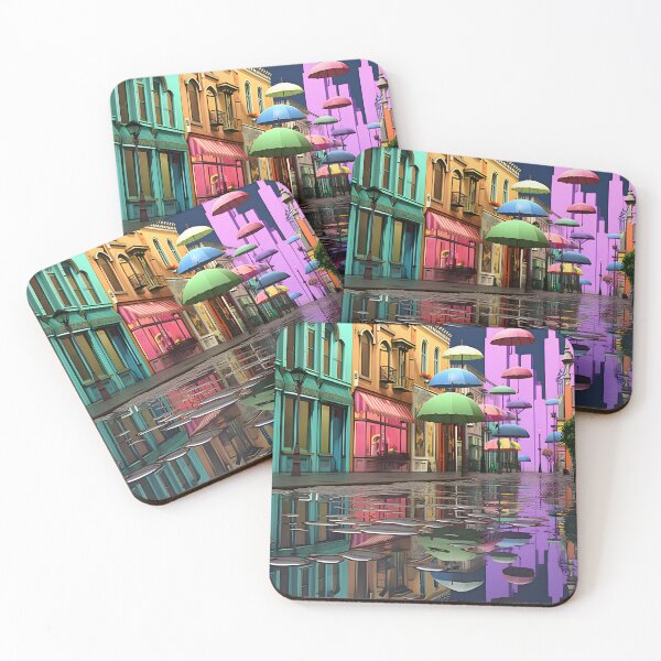 Item preview, Flying umbrellas in a hypercolorful dreamscape in nostalgic animation stills designed and sold by AI-Only Creations.