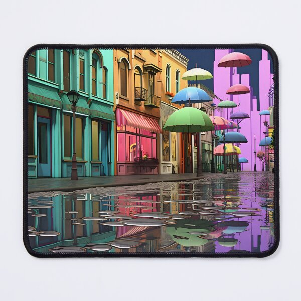 Item preview, Flying umbrellas in a hypercolorful dreamscape in nostalgic animation stills designed and sold by AI-Only Creations.