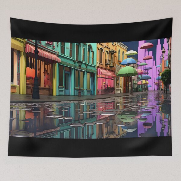 Item preview, Flying umbrellas in a hypercolorful dreamscape in nostalgic animation stills designed and sold by AI-Only Creations.