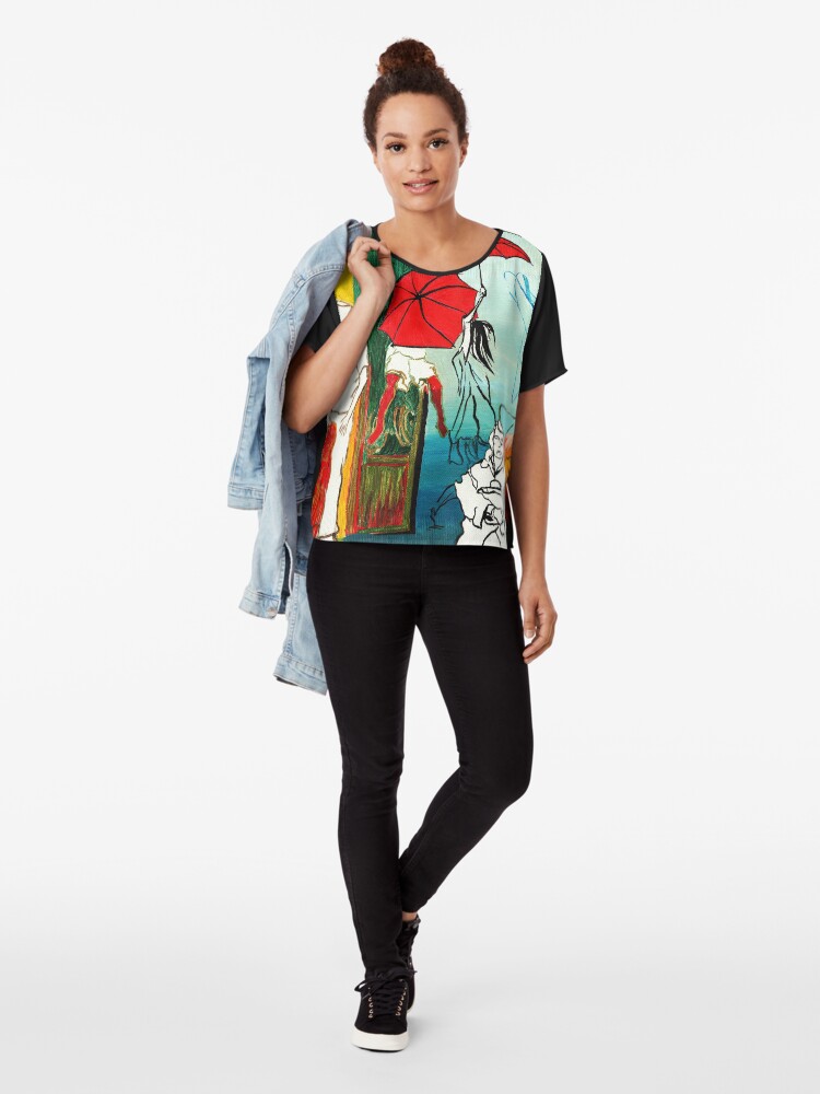 Alternate view of Composition Painting - Umbrella girl with woman Chiffon Top