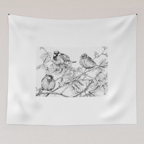 Item preview, House Sparrows on Hawthorn (pen and ink on paper) designed and sold by Painting By Nature.