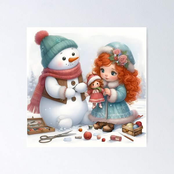 Item preview, Cute Snowman helping a Girl sew her Doll on Christmas  designed and sold by DreamyEscapism.