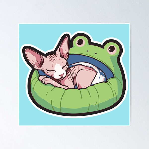 Item preview, Sleeping Hairless Cat in Frog Bed - Cozy Feline Cuteness designed and sold by WeirdDemonGames.