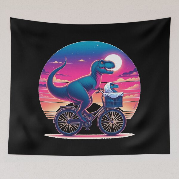 Item preview, RETRO VINTAGE SUNSET SUNRISE TREX DINOSAUR ON BIKE, Dinosaur Riding A Bike With Baby T-Rex | Good Vibes Collection designed and sold by Made by Tamar.