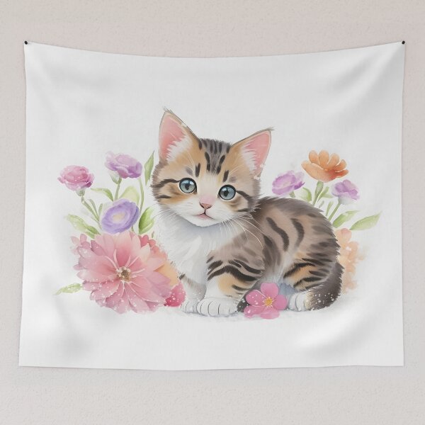 Item preview, A Cute American Bobtail Cat Baby Flowers Around Watercolor designed and sold by artbibun.