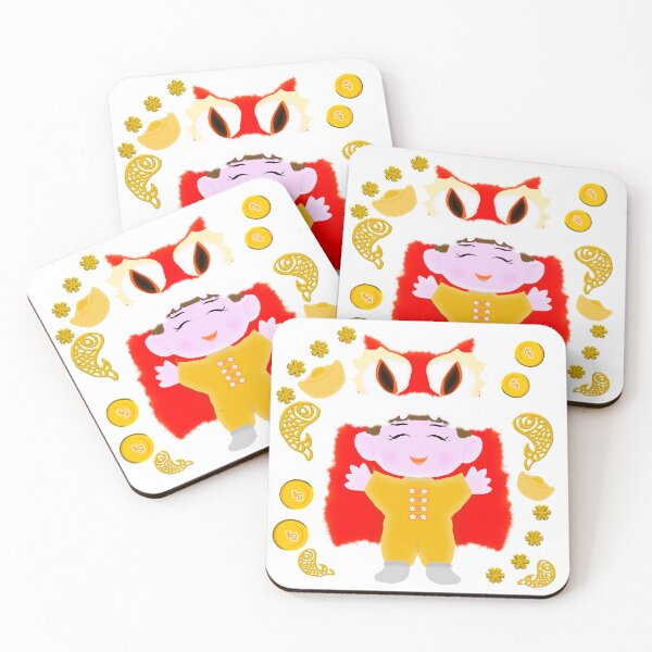 Item preview, Funny drawn cartoon, boy with Chinese Lion costume for Lunar Celebrations, Roaring Into Prosperity designed and sold by MigWhimsy.