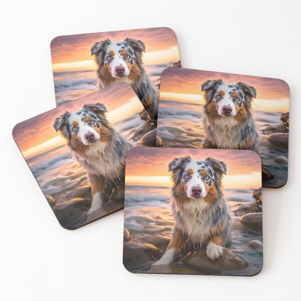 Item preview, Cute australian shepherd dog breed photography at sea sunset, aussie shepard designed and sold by NBSStore.