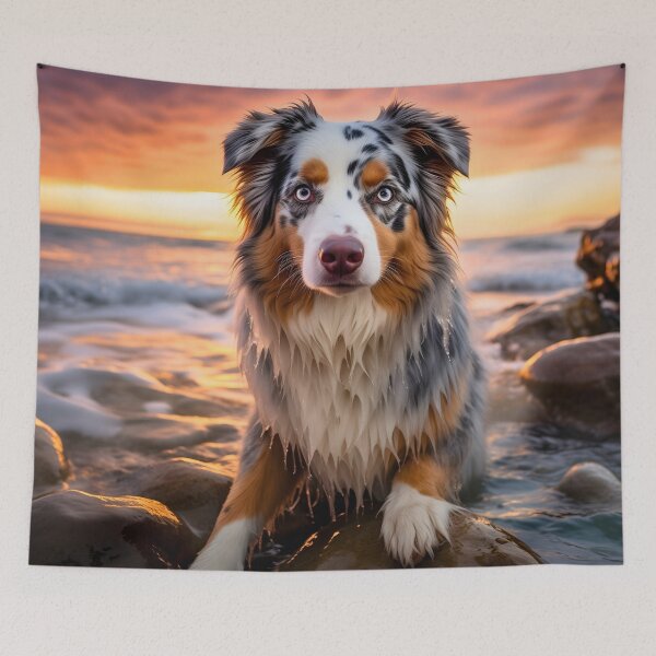 Item preview, Cute australian shepherd dog breed photography at sea sunset, aussie shepard designed and sold by NBSStore.