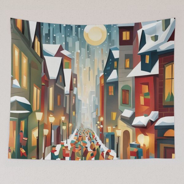 Item preview, Snowy street filled with people caroling from door to door designed and sold by Owl-o-the-wisp.