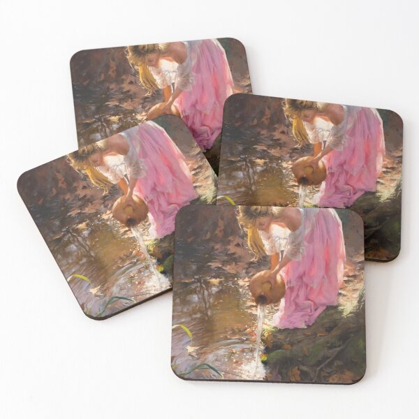 Item preview, Beautiful blond woman in white, pouring water in a stream, painting designed and sold by clon-dot-net.