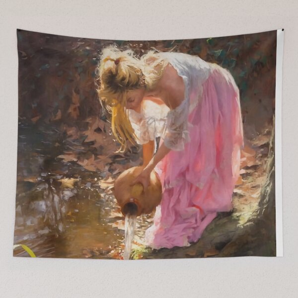 Item preview, Beautiful blond woman in white, pouring water in a stream, painting designed and sold by clon-dot-net.