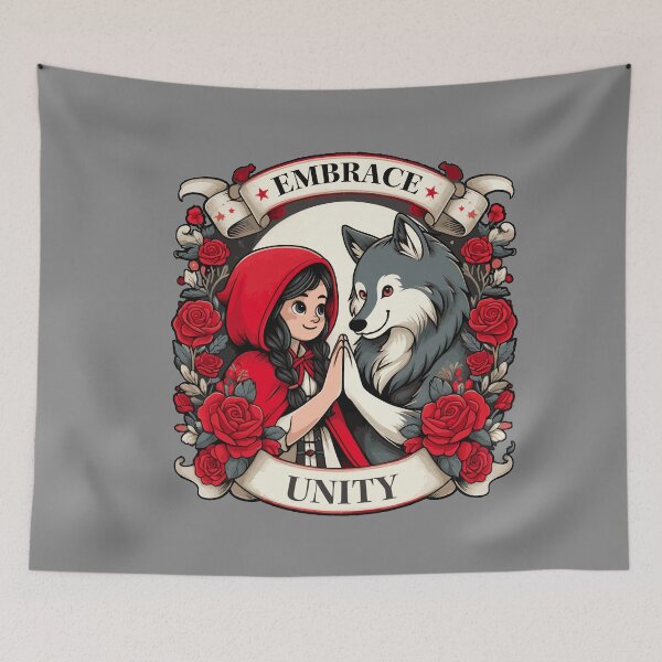 Item preview, Unity Embraced: Little Red Riding Hood & Big Bad Wolf Satirical Graphic designed and sold by ShobulousStudio.