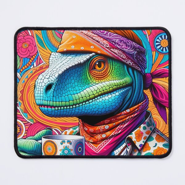 Artikelvorschau,  Dinosaurier hält eine bunte Tasse Kaffee entworfen und verkauft von LILY ROSE.