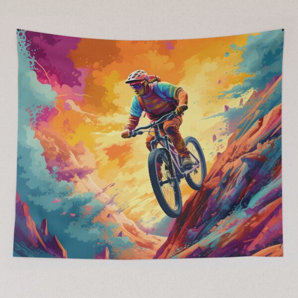 Item preview, Colorful cool mountain biker in the sunset designed and sold by WallGemsArt.