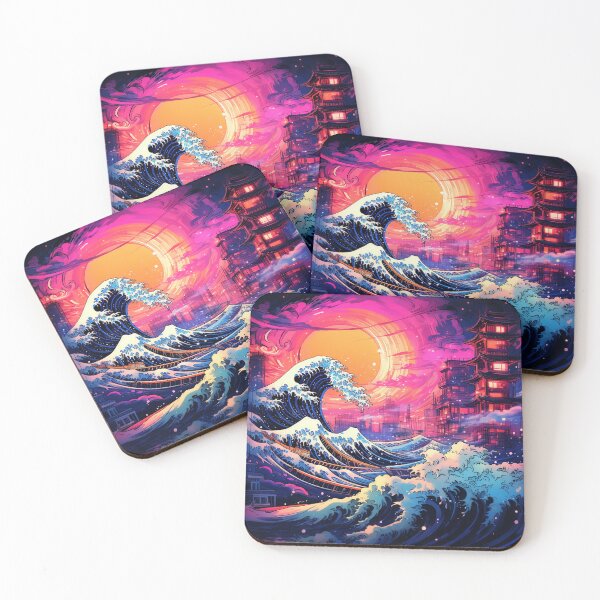Item preview, The Great Wave Off Kanagawa Cyberpunk neon style sun designed and sold by zand-n-zive.