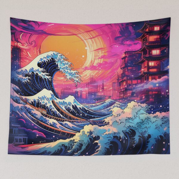 Item preview, The Great Wave Off Kanagawa Cyberpunk neon style sun designed and sold by zand-n-zive.