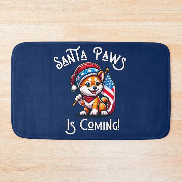 Item preview, Santa Paws is Coming! | Cartoon Style Shiba Inu Puppy with Santa Hat and USA Flag designed and sold by TheMostLikely.