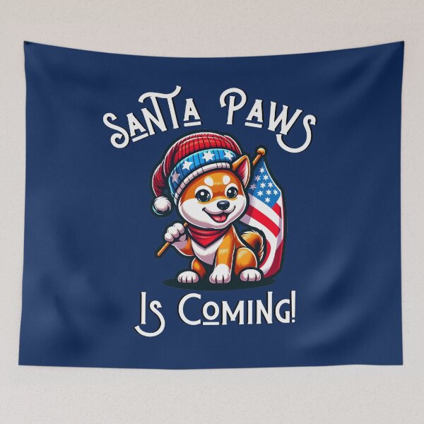 Item preview, Santa Paws is Coming! | Cartoon Style Shiba Inu Puppy with Santa Hat and USA Flag designed and sold by TheMostLikely.