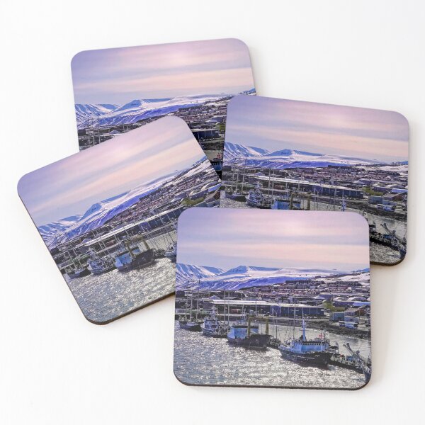 Item preview, Longyearbyen Harbour evening light on ships designed and sold by RosRidleyPhoto.