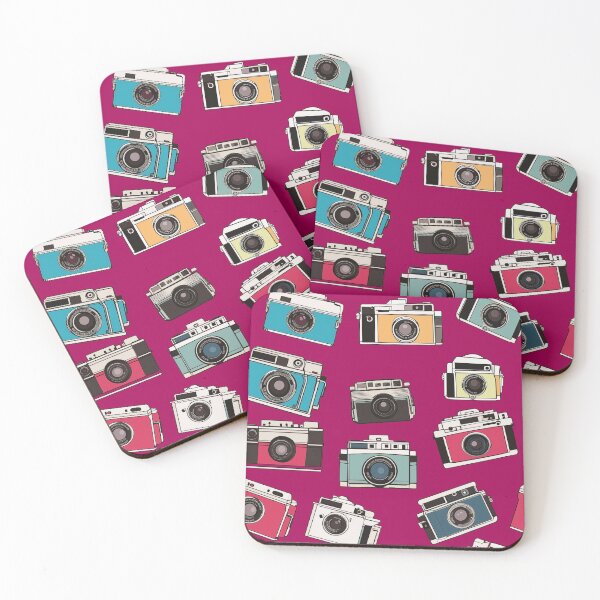 Item preview, Whimsical vintage drawings of 35mm film cameras on fuchsia background designed and sold by TheMoxieHouse.