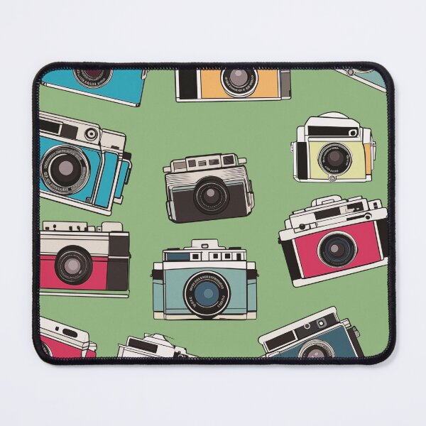 Item preview, Whimsical vintage drawings of 35mm film cameras on green background designed and sold by TheMoxieHouse.