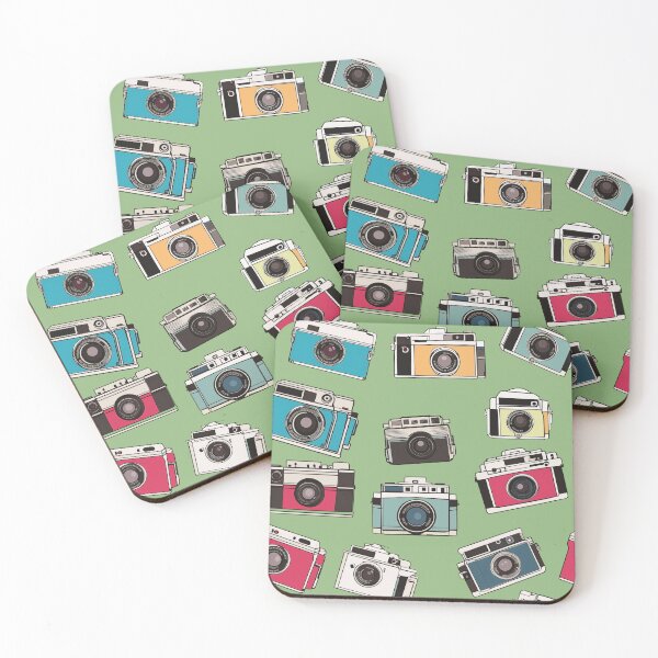 Item preview, Whimsical vintage drawings of 35mm film cameras on green background designed and sold by TheMoxieHouse.