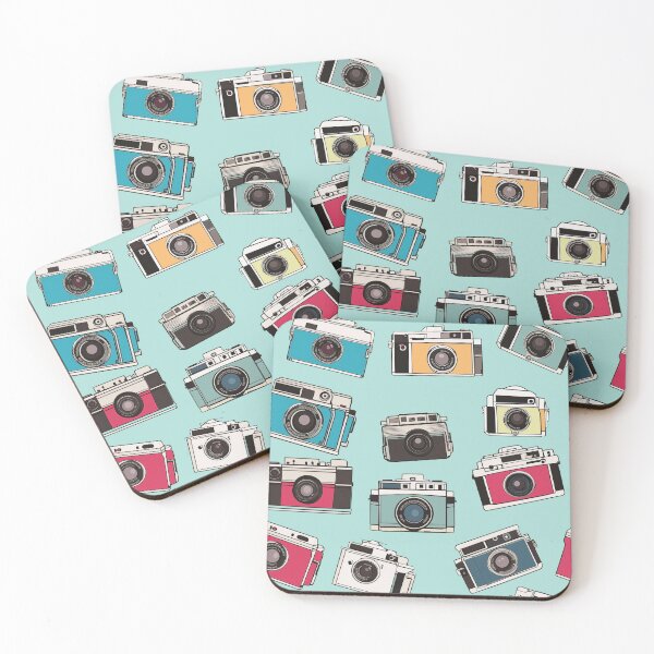 Item preview, Colorful retro drawings of 35mm film cameras on blue designed and sold by TheMoxieHouse.