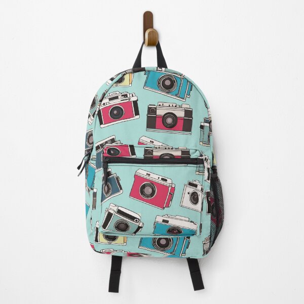 Item preview, Colorful retro drawings of 35mm film cameras on blue designed and sold by TheMoxieHouse.