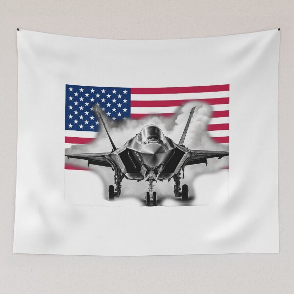 Aperçu de l'œuvre F-35 Fighter au décollage avec toile de fond du drapeau américain créée et vendue par shutterrudder.